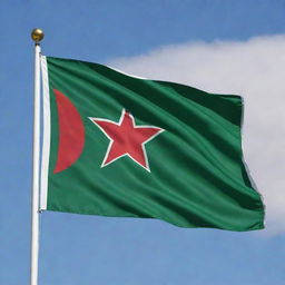 A detailed Algerian flag, fluttering majestically in the wind with bright green, white, and red colors and a prominent red star and crescent in the center.