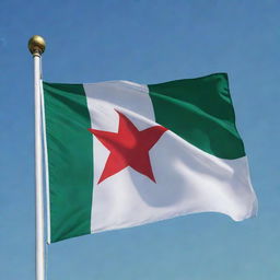 A detailed Algerian flag, fluttering majestically in the wind with bright green, white, and red colors and a prominent red star and crescent in the center.