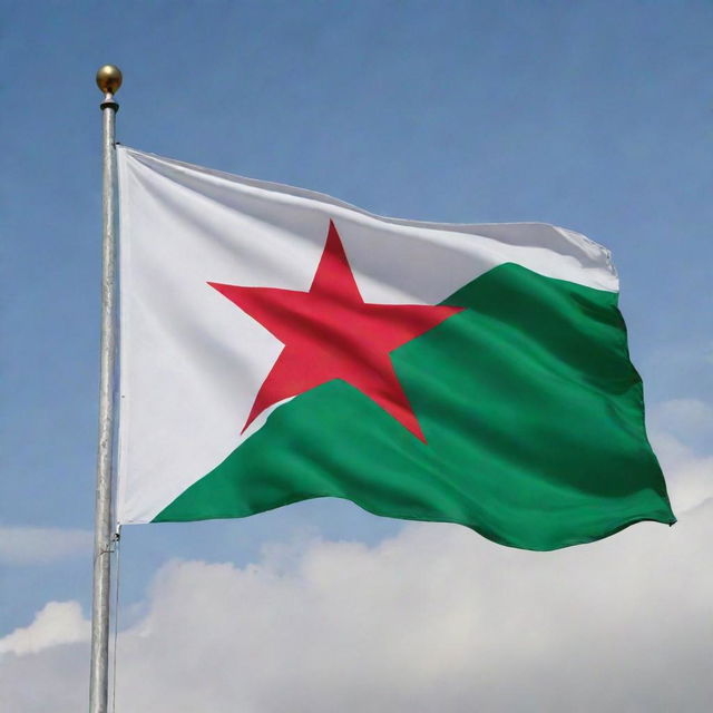 A detailed Algerian flag, fluttering majestically in the wind with bright green, white, and red colors and a prominent red star and crescent in the center.