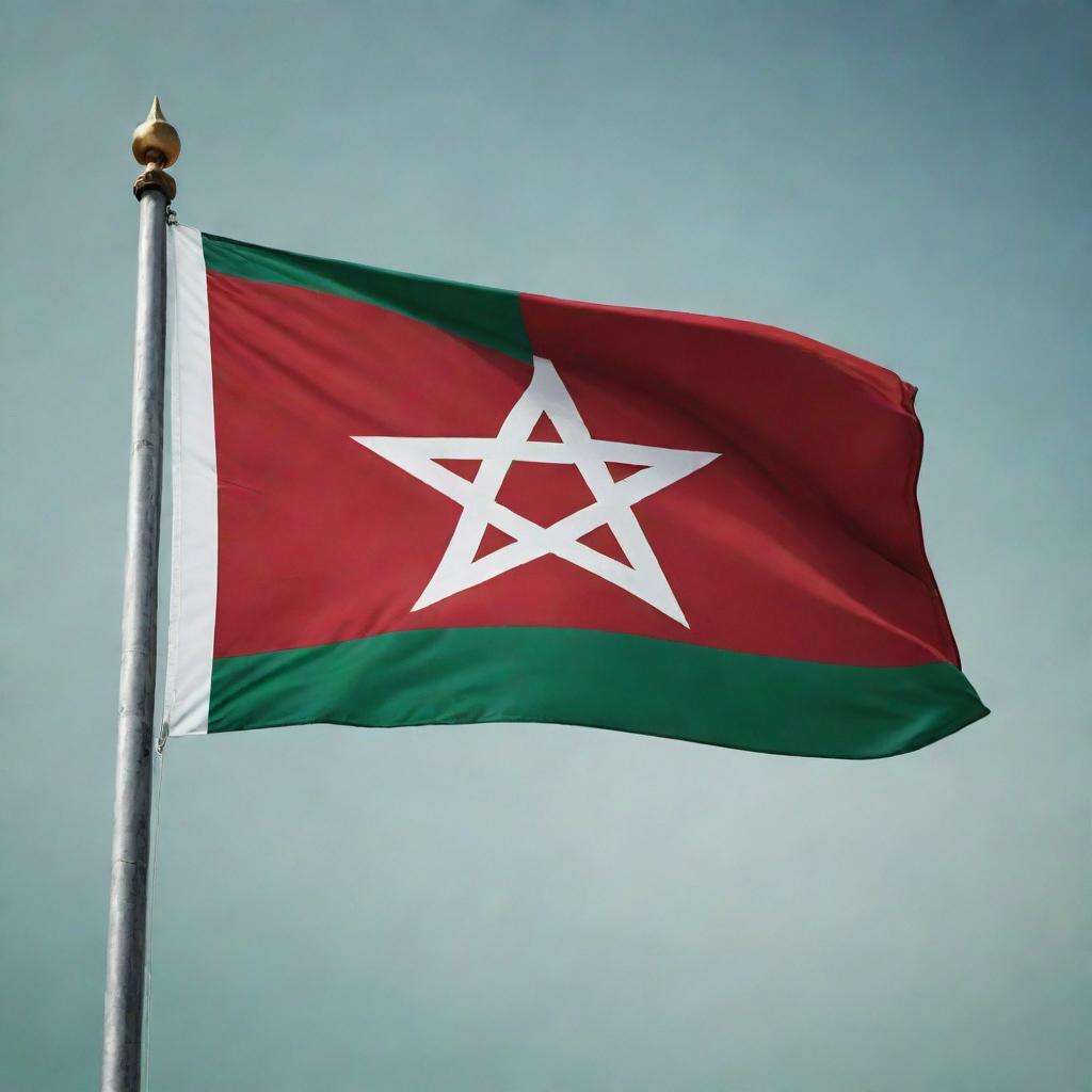 An accurately portrayed Moroccan flag, waving gracefully, with deep red color representing hardiness, bravery, strength and valor, and a centered green pentagram, a symbol of love, truth, and knowledge.