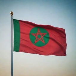 An accurately portrayed Moroccan flag, waving gracefully, with deep red color representing hardiness, bravery, strength and valor, and a centered green pentagram, a symbol of love, truth, and knowledge.