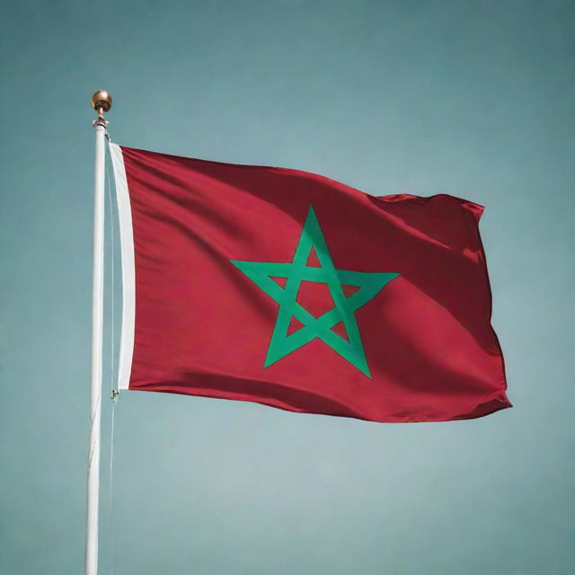 An accurately portrayed Moroccan flag, waving gracefully, with deep red color representing hardiness, bravery, strength and valor, and a centered green pentagram, a symbol of love, truth, and knowledge.