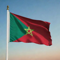 An accurately portrayed Moroccan flag, waving gracefully, with deep red color representing hardiness, bravery, strength and valor, and a centered green pentagram, a symbol of love, truth, and knowledge.