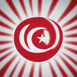 An immaculate Tunisian flag, fluttering gently, featuring a red background with a white circle in the middle. Inside the white circle is a red star and crescent moon, symbolizing Islam and the nation's history.