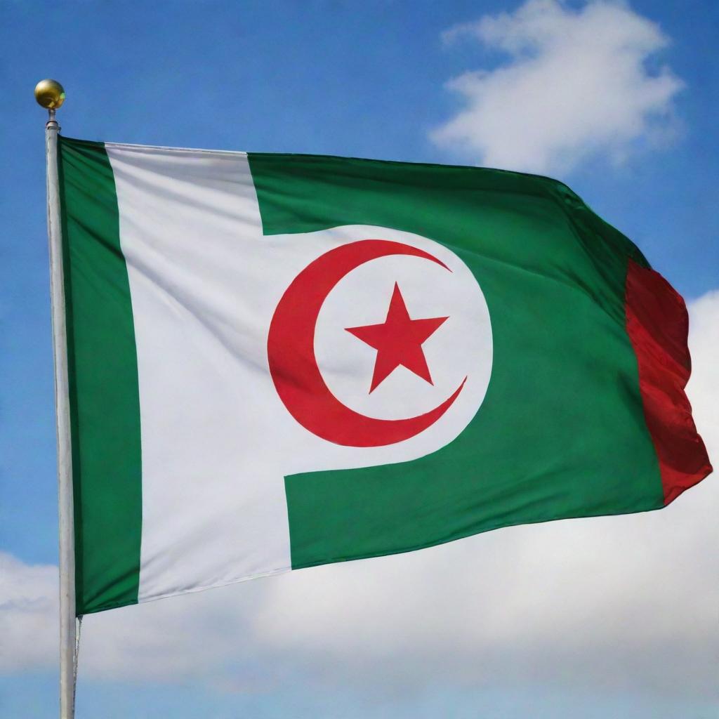 An vibrant Algerian flag, billowing in the wind. It's a perfect display of the brilliant green and snow white bands, along with the vivid red emblem of the crescent and star in the center.