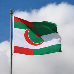 An vibrant Algerian flag, billowing in the wind. It's a perfect display of the brilliant green and snow white bands, along with the vivid red emblem of the crescent and star in the center.