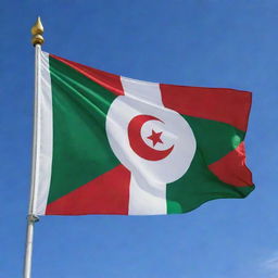 An vibrant Algerian flag, billowing in the wind. It's a perfect display of the brilliant green and snow white bands, along with the vivid red emblem of the crescent and star in the center.