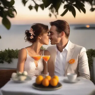 The couple spent a romantic evening together, savoring the refreshing taste of sweet oranges while watching the sunset.