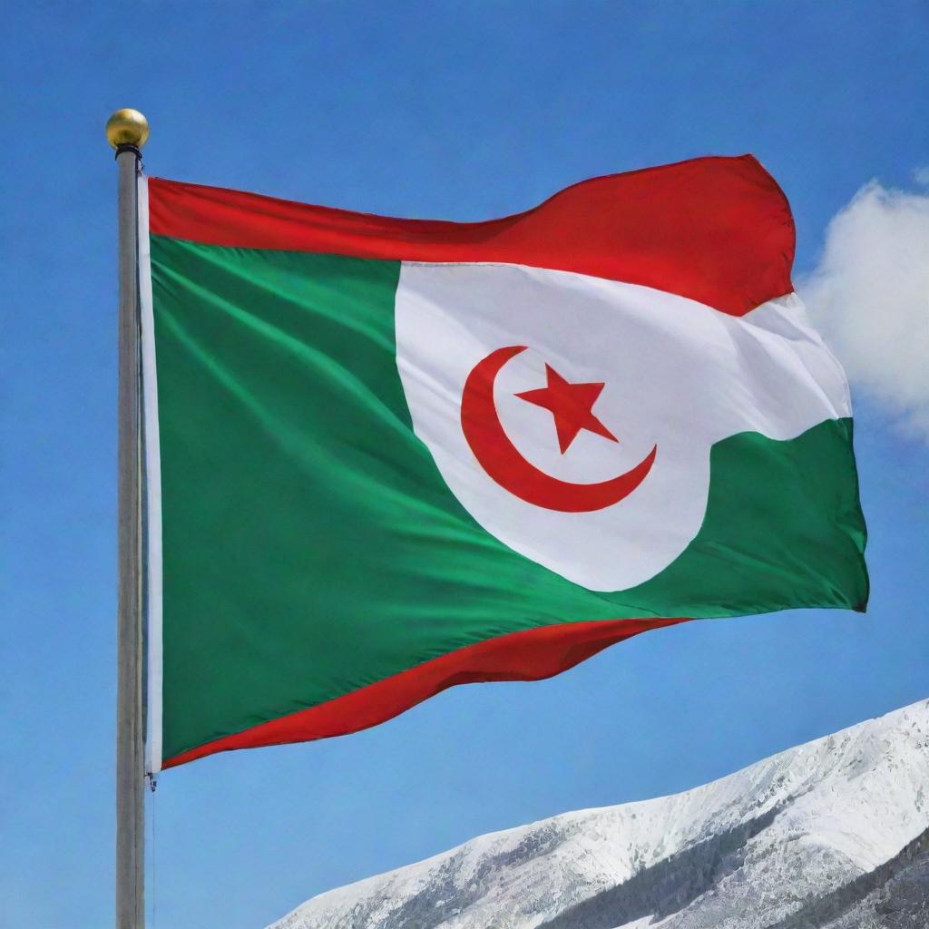 An vibrant Algerian flag, billowing in the wind. It's a perfect display of the brilliant green and snow white bands, along with the vivid red emblem of the crescent and star in the center.