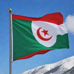 An vibrant Algerian flag, billowing in the wind. It's a perfect display of the brilliant green and snow white bands, along with the vivid red emblem of the crescent and star in the center.