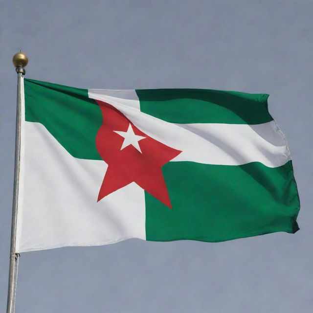 A powerful representation of the Algerian flag, resplendent with two equal vertical bars of green and white, and the red star and crescent centered over the join.