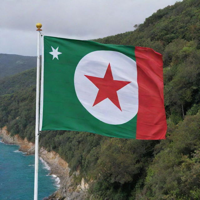 A beautiful Algerian flag painted on a sea-facing wall next to a lush forest. The flag's vibrant green, white, and red star and crescent stand out against the oceanic backdrop.