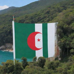 A beautiful Algerian flag painted on a sea-facing wall next to a lush forest. The flag's vibrant green, white, and red star and crescent stand out against the oceanic backdrop.