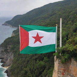 A beautiful Algerian flag painted on a sea-facing wall next to a lush forest. The flag's vibrant green, white, and red star and crescent stand out against the oceanic backdrop.