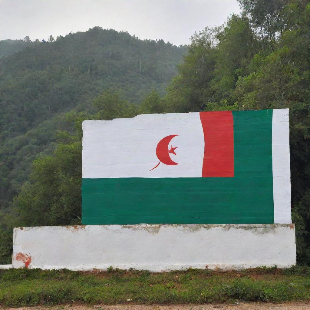 The Algerian flag artistically painted on a wall, with the tranquil sea at one side and a flourishing forest on the other. The emblematic green, white, and red colors are in stark contrast with the serene surroundings.