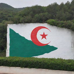 The Algerian flag artistically painted on a wall, with the tranquil sea at one side and a flourishing forest on the other. The emblematic green, white, and red colors are in stark contrast with the serene surroundings.