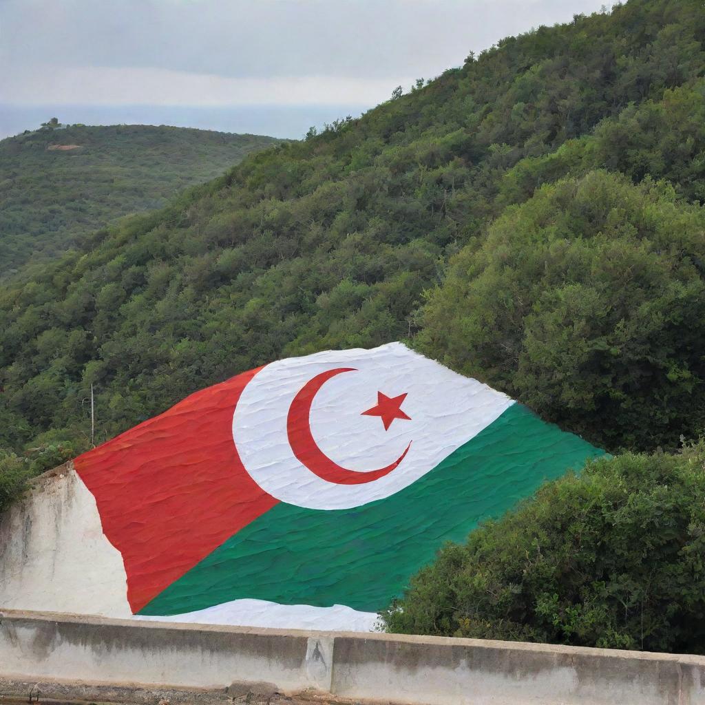 The Algerian flag artistically painted on a wall, with the tranquil sea at one side and a flourishing forest on the other. The emblematic green, white, and red colors are in stark contrast with the serene surroundings.