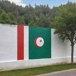 The Algerian flag artistically painted on a wall, with the tranquil sea at one side and a flourishing forest on the other. The emblematic green, white, and red colors are in stark contrast with the serene surroundings.