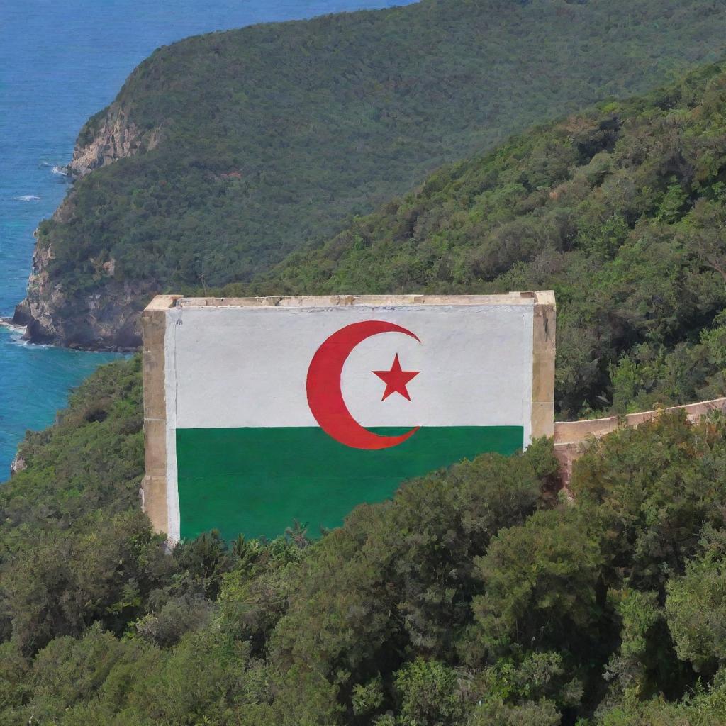 The Algerian flag proudly painted on a wall overlooking a calming sea. Adjacent to the wall is a dense forest, creating a stunning juxtaposition of human creation and nature.