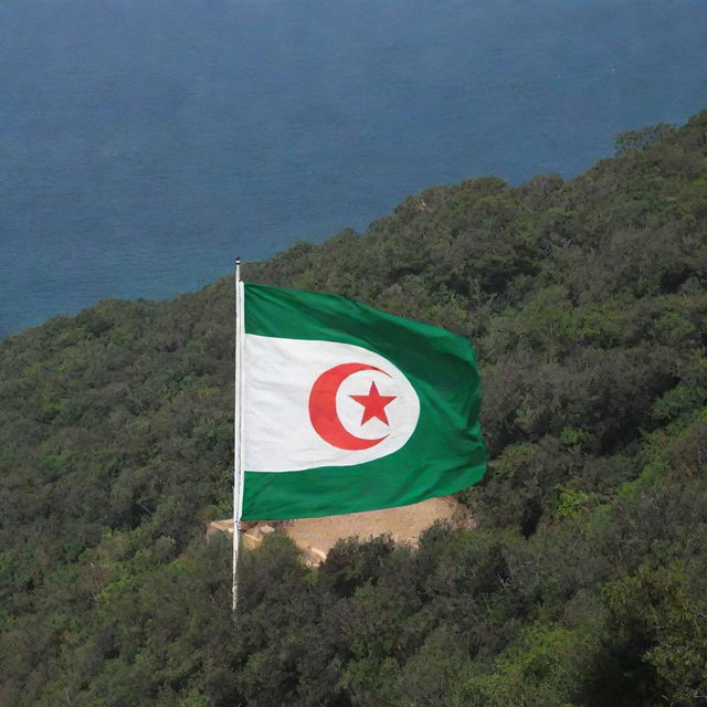 The Algerian flag proudly painted on a wall overlooking a calming sea. Adjacent to the wall is a dense forest, creating a stunning juxtaposition of human creation and nature.