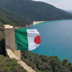 The Algerian flag proudly painted on a wall overlooking a calming sea. Adjacent to the wall is a dense forest, creating a stunning juxtaposition of human creation and nature.