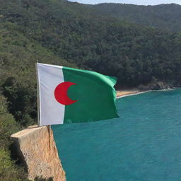 The Algerian flag proudly painted on a wall overlooking a calming sea. Adjacent to the wall is a dense forest, creating a stunning juxtaposition of human creation and nature.