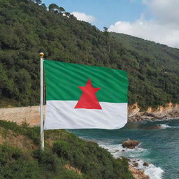 A colorful and vivid Algerian flag drawn on a coastal wall with a lush forest alongside. The green and white flag with the red star and crescent overlooks the calm, rolling sea.