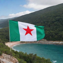 A colorful and vivid Algerian flag drawn on a coastal wall with a lush forest alongside. The green and white flag with the red star and crescent overlooks the calm, rolling sea.