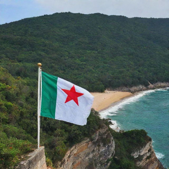 A colorful and vivid Algerian flag drawn on a coastal wall with a lush forest alongside. The green and white flag with the red star and crescent overlooks the calm, rolling sea.