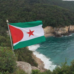 A colorful and vivid Algerian flag drawn on a coastal wall with a lush forest alongside. The green and white flag with the red star and crescent overlooks the calm, rolling sea.