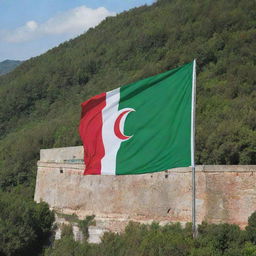 The Algerian flag depicted gracefully on a sea-facing wall, with a lush, green forest nearby. The flag's distinct green, white and red colours illuminate the natural scenery.