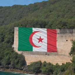 The Algerian flag depicted gracefully on a sea-facing wall, with a lush, green forest nearby. The flag's distinct green, white and red colours illuminate the natural scenery.