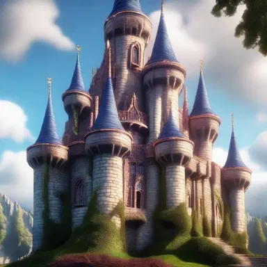 The camera slowly zoomed in on the curlicue design of the enchanted castle in the fantasy film.