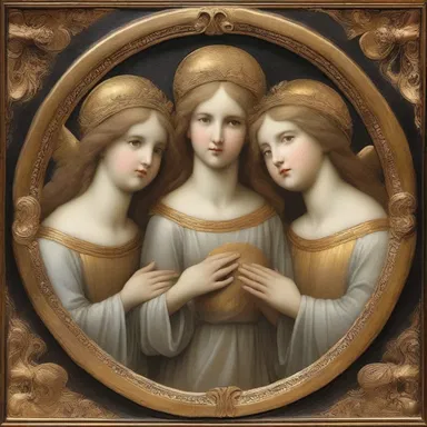 The religious painting depicted angels with golden curlicues surrounding their heads.