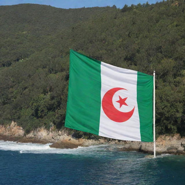 The Algerian flag depicted gracefully on a sea-facing wall, with a lush, green forest nearby. The flag's distinct green, white and red colours illuminate the natural scenery.