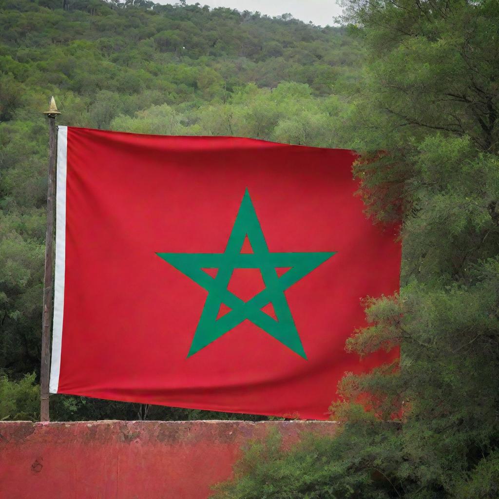 A vibrant Moroccan flag painted on a wall, majestically facing an endless sea with an adjacent, lush green forest. The flag stands out with its rich red background and green pentagram.