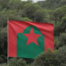 A vibrant Moroccan flag painted on a wall, majestically facing an endless sea with an adjacent, lush green forest. The flag stands out with its rich red background and green pentagram.