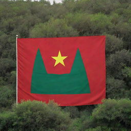 A vibrant Moroccan flag painted on a wall, majestically facing an endless sea with an adjacent, lush green forest. The flag stands out with its rich red background and green pentagram.
