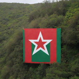 A vibrant Moroccan flag painted on a wall, majestically facing an endless sea with an adjacent, lush green forest. The flag stands out with its rich red background and green pentagram.