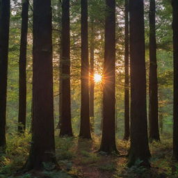 A spectacular sunset viewed through the dense foliage of a thick forest, with the light creating dramatic shadows and highlights on the tree trunks.