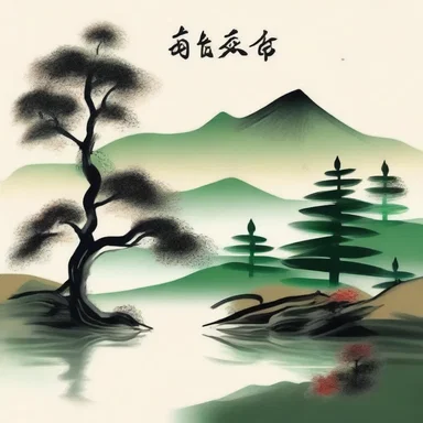 The painting depicts a beautiful landscape with the words 'good day' written in elegant calligraphy.