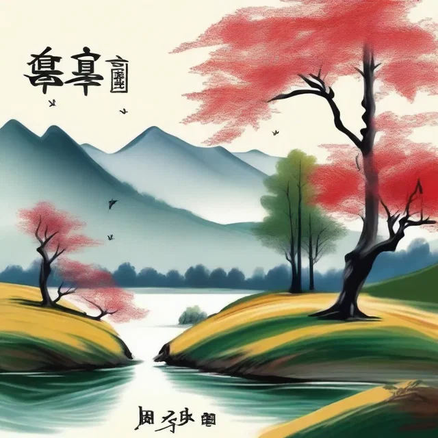 The painting depicts a beautiful landscape with the words 'good day' written in elegant calligraphy.
