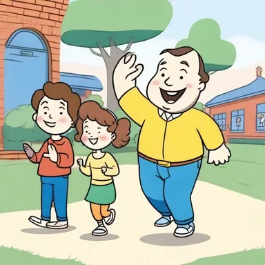 In the cartoon, the character waves farewell to his friends with a big smile, saying 'good day' as he walks away.