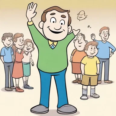 In the cartoon, the character waves farewell to his friends with a big smile, saying 'good day' as he walks away.
