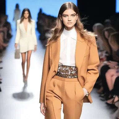 The stylish model strutted down the runway, wearing a trendy outfit and gracefully saying 'good day' to the audience.