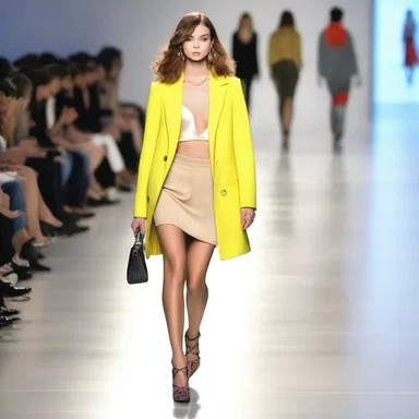 The stylish model strutted down the runway, wearing a trendy outfit and gracefully saying 'good day' to the audience.