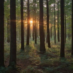 A spectacular sunset viewed through the dense foliage of a thick forest, with the light creating dramatic shadows and highlights on the tree trunks.