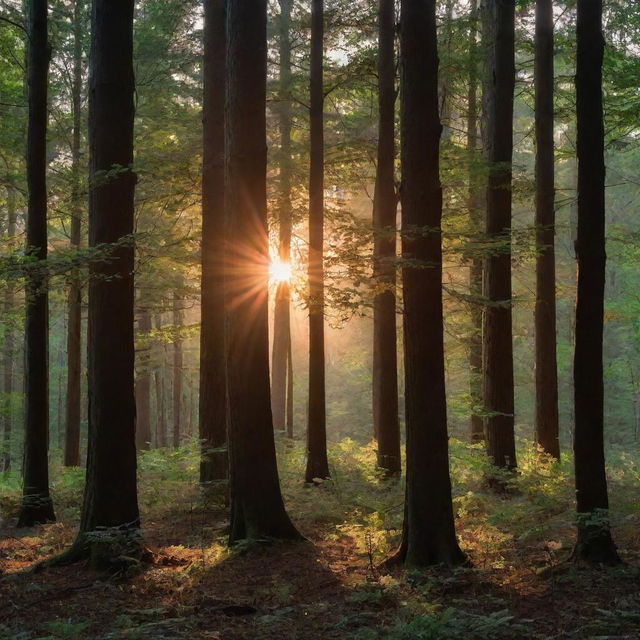 A spectacular sunset viewed through the dense foliage of a thick forest, with the light creating dramatic shadows and highlights on the tree trunks.