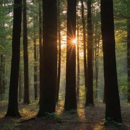 A spectacular sunset viewed through the dense foliage of a thick forest, with the light creating dramatic shadows and highlights on the tree trunks.