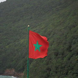 The Moroccan flag proudly displayed on a sea-facing wall, contrasting with a green forest on the side. The rich deep red and the green pentagram of the flag create a striking visual against the natural backdrop.